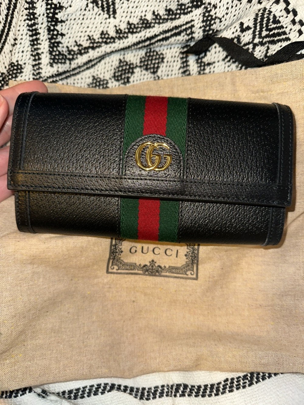 Gucci Black Leather Continental Wallet with Green-Red Web and Gold GG
